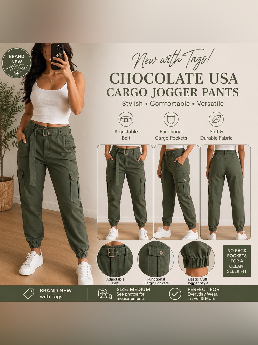 NWT Chocolate USA Olive Green Cargo Jogger Pants w/ Belt | Size Medium